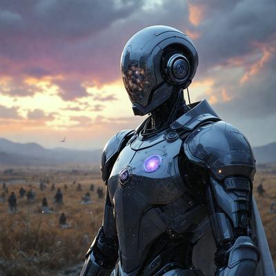 The primary subject of the image is a futuristic robot with a metallic appearance. The robot is standing in a field with a backdrop of a sunset, creating a dramatic and visually striking scene. The visual style of the image is a combination of photo and digital art, giving it a unique and intriguing appearance. The colors and mood of the image are predominantly dark and moody, with the sunset adding a touch of warmth and beauty to the overall atmosphere.